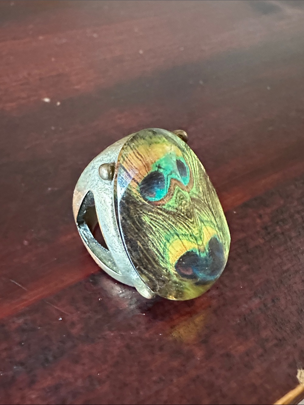 Peacock Feather Resin Statement Ring - Green and Gold